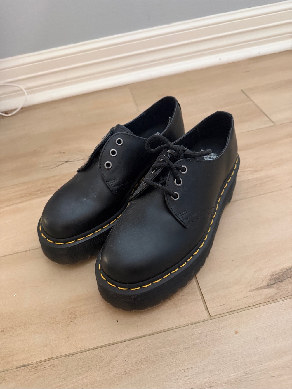 Classic Black Platform Derby Shoes with Yellow Stitching - Dr. Martens Style